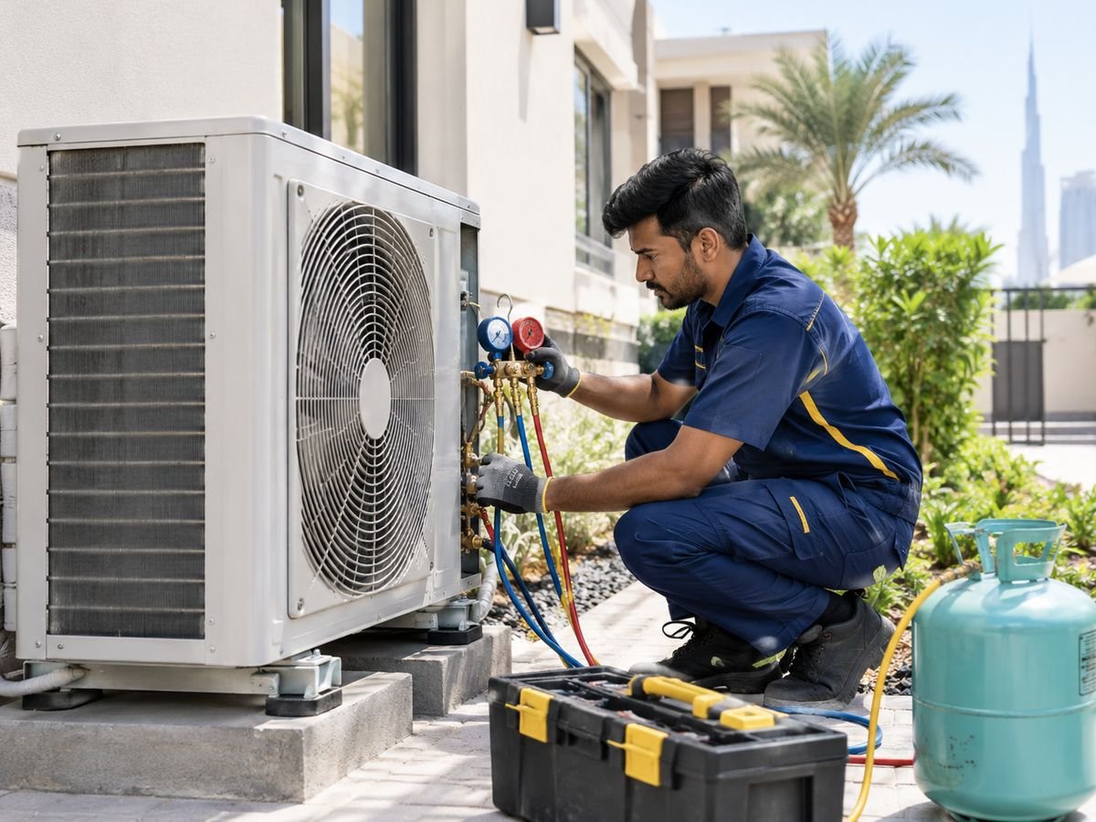 IIM technician servicing a split AC unit in Dubai