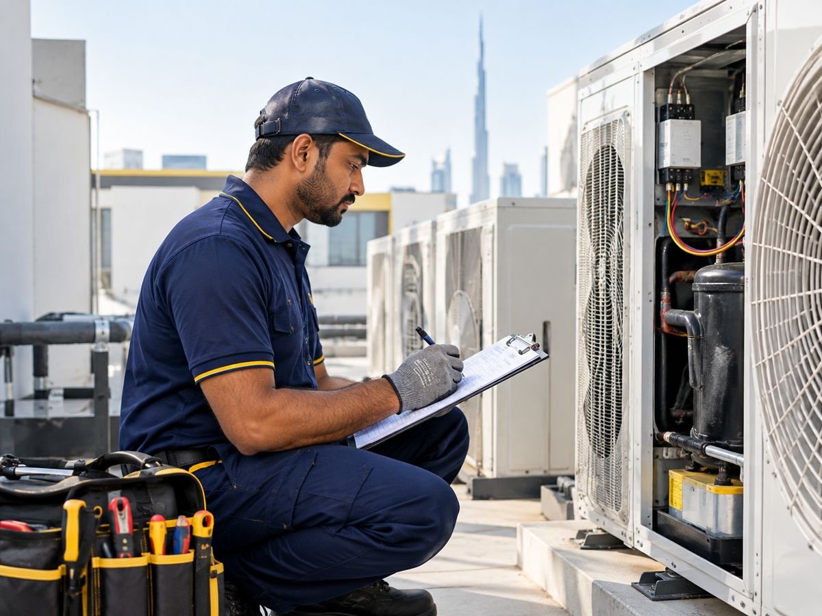 Annual maintenance contract Dubai technician inspecting rooftop AC units and completing a preventive maintenance checklist
