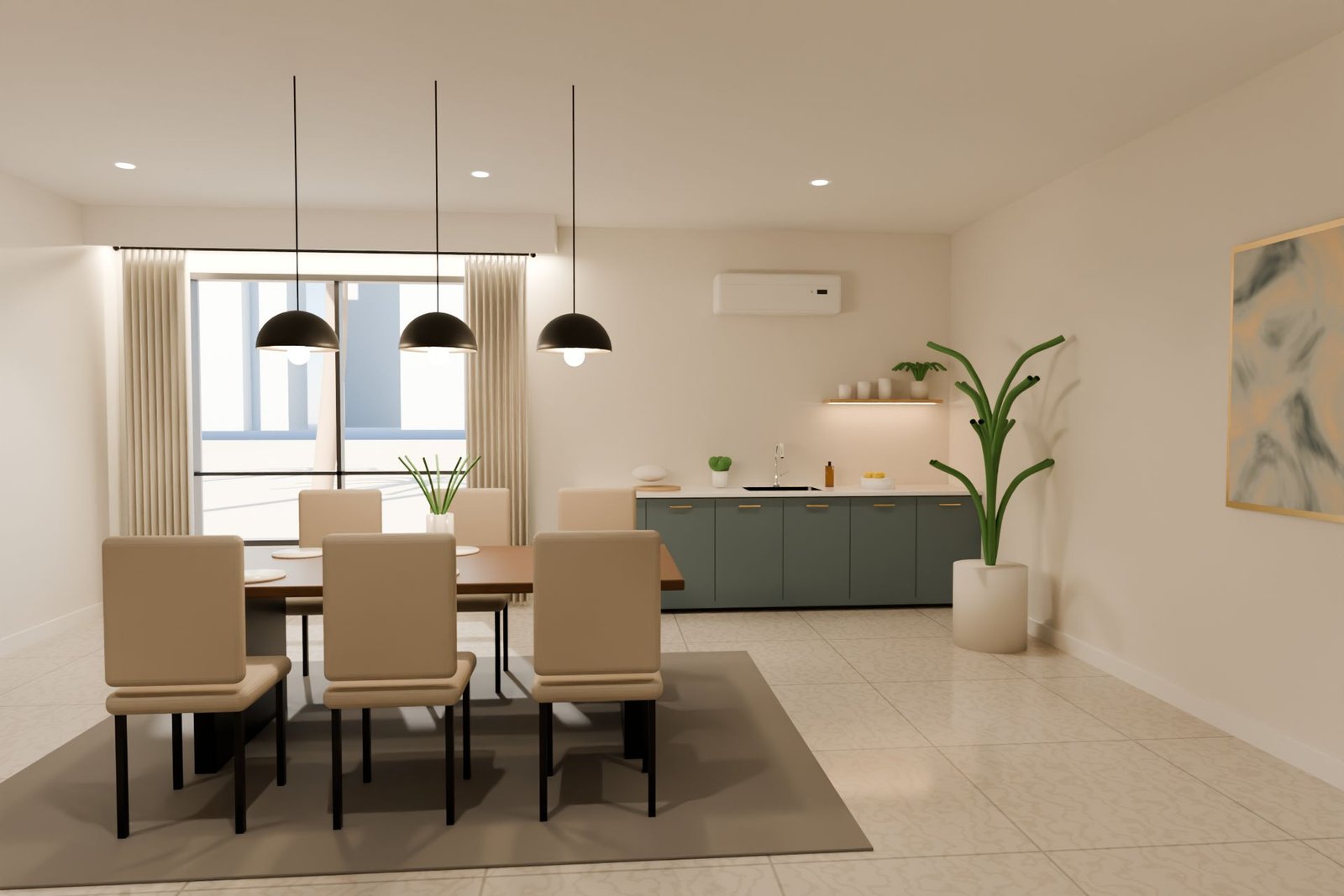 Dining room and kitchen in a Dubai home with pendant lights, curtains, a split AC and a kitchen sink, ready for electrical, plumbing, AC and painting maintenance