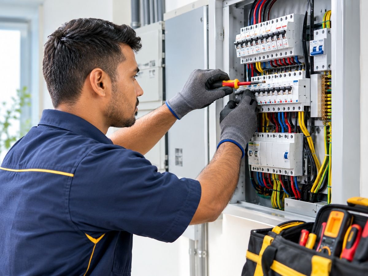 Electrician in Dubai wiring circuit breakers in a distribution board during electrical maintenance