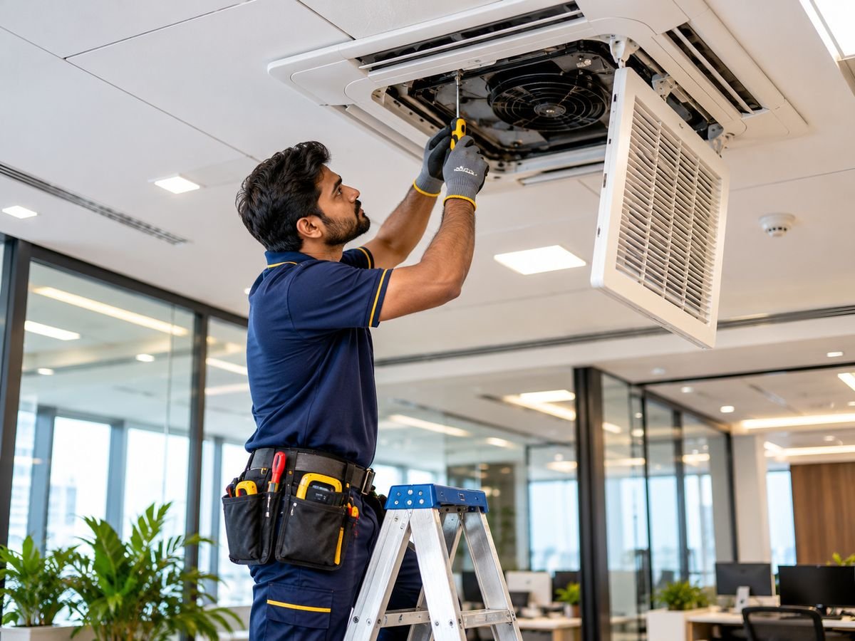 Commercial maintenance Dubai technician servicing a ceiling cassette AC unit in an office