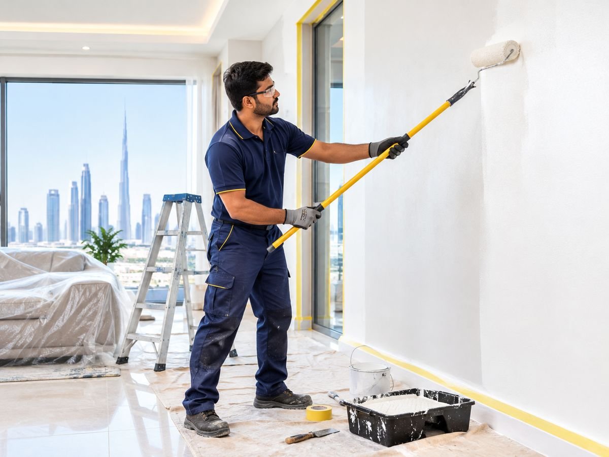 Painting services in Dubai by IIM Technical Services, professional painter applying paint to an apartment wall