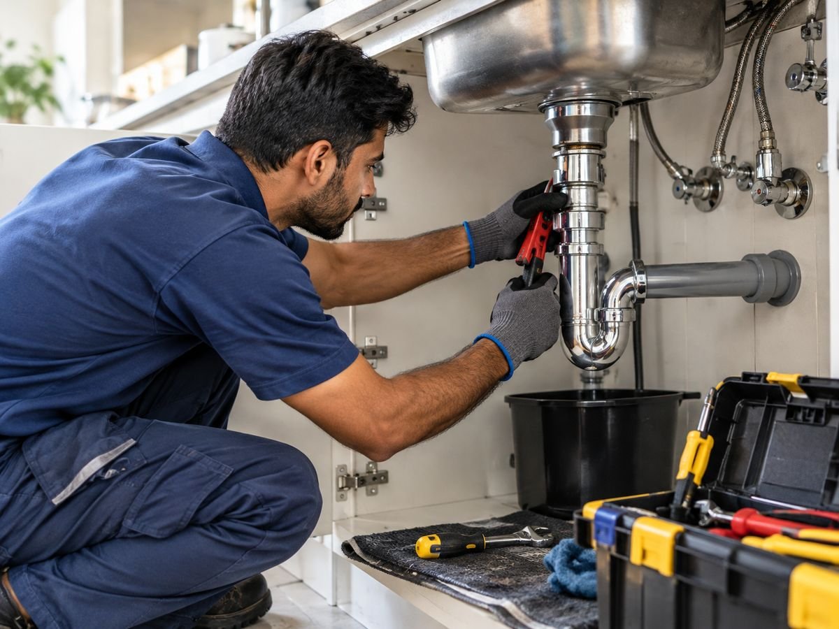 Plumber in Dubai fixing a kitchen sink pipe