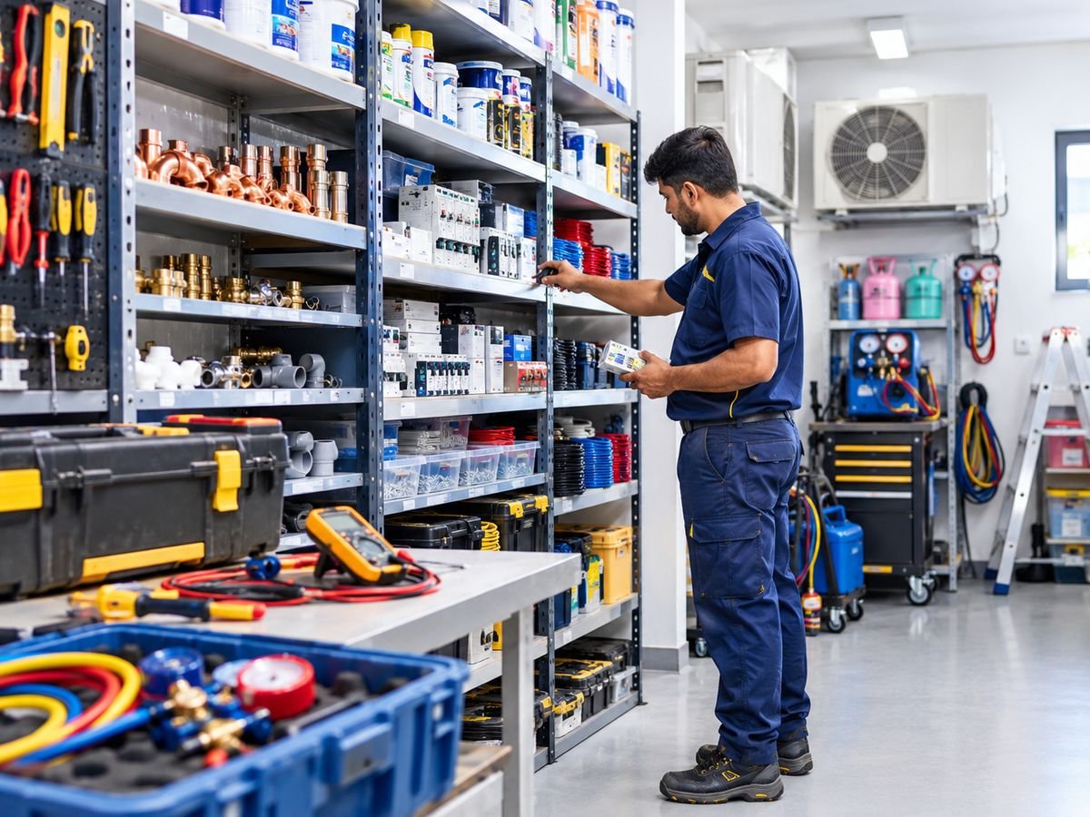 Property maintenance Dubai technician checking spare parts for property maintenance services