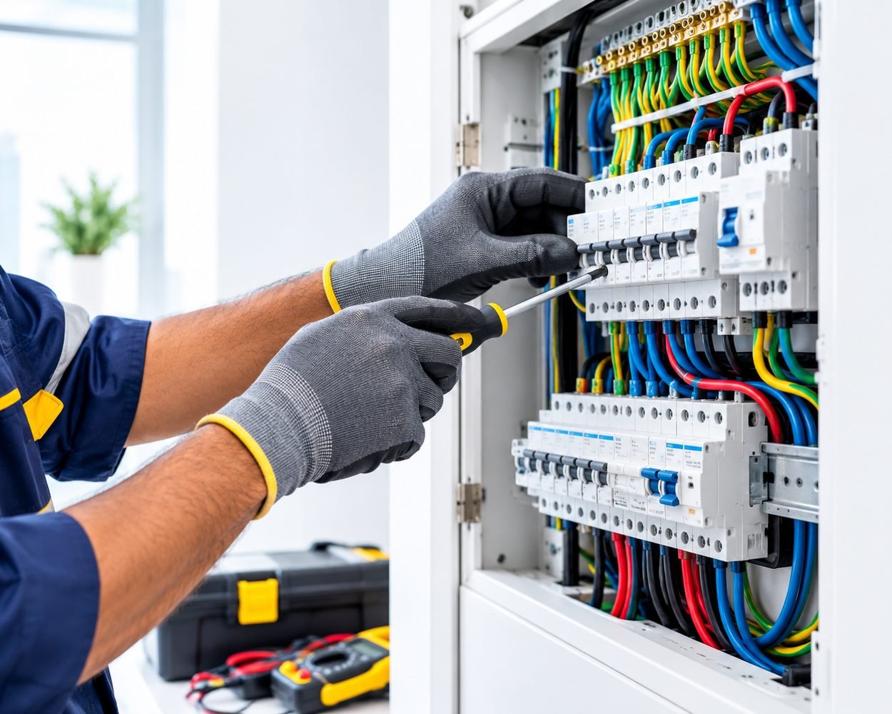 Electrician in Dubai fixing circuit breakers in a distribution board, part of IIM technical services in Dubai
