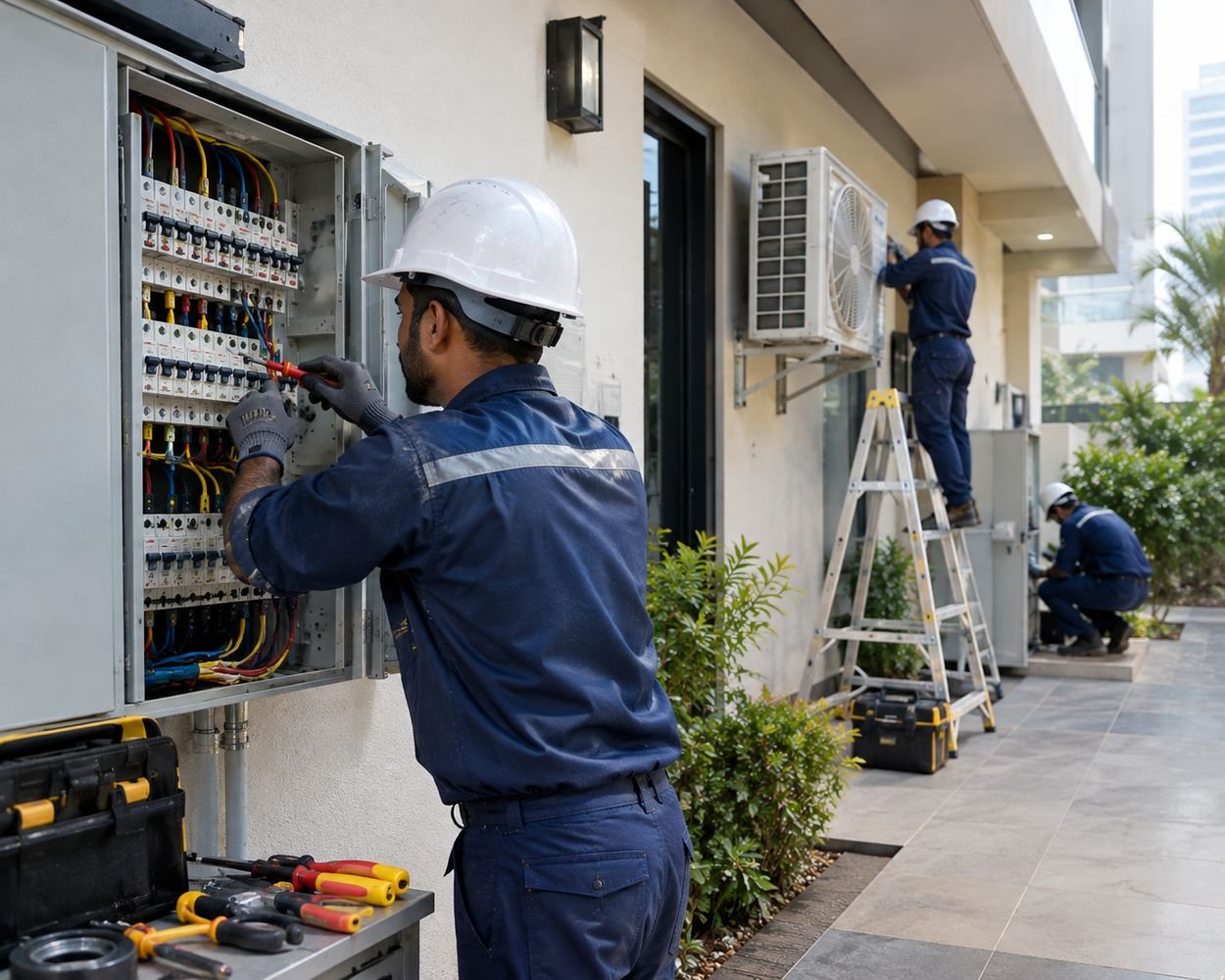 IIM Technical Services team in Dubai doing electrical panel and AC maintenance at a residential building