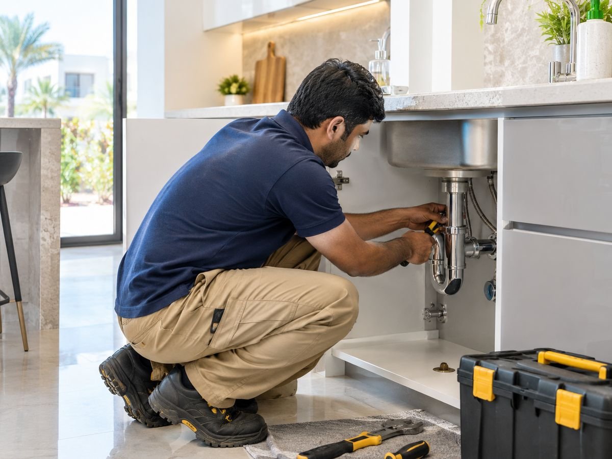 Technician fixing the kitchen sink pipes during villa maintenance in a Dubai home
